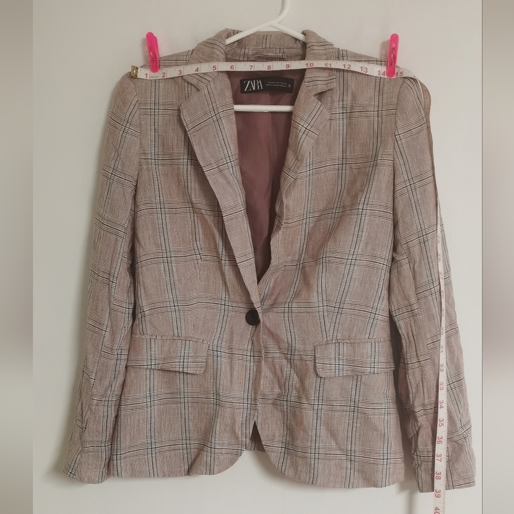 Zara Women's Plaid Pink Long Sleeve Single Button Blazer Jacket Size 4 - Picture 6 of 7